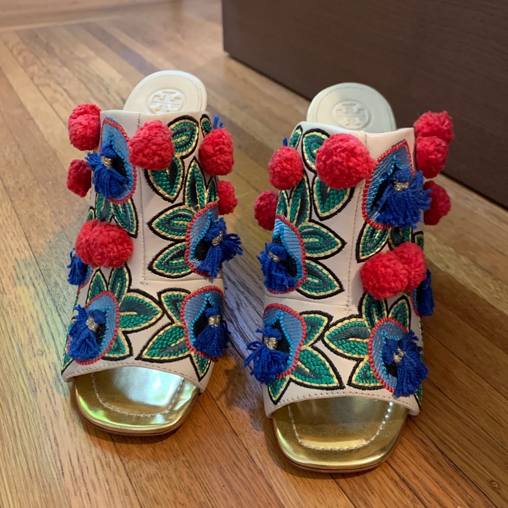 Tory Burch Embroidered Leather Pom Pom Tassel Mule Heels